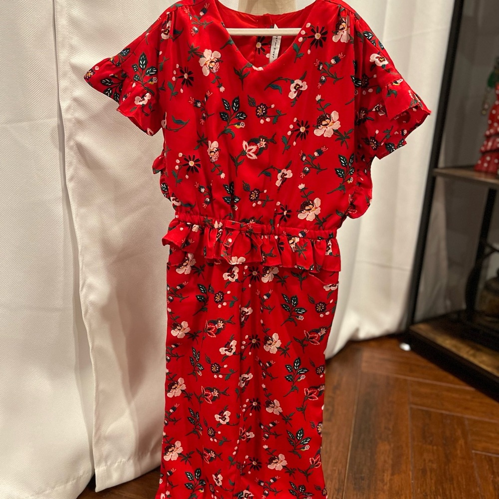 Janie and Jack Floral Jumpsuit Girls Size 6 Red Ruffle Waist Summer Outfit